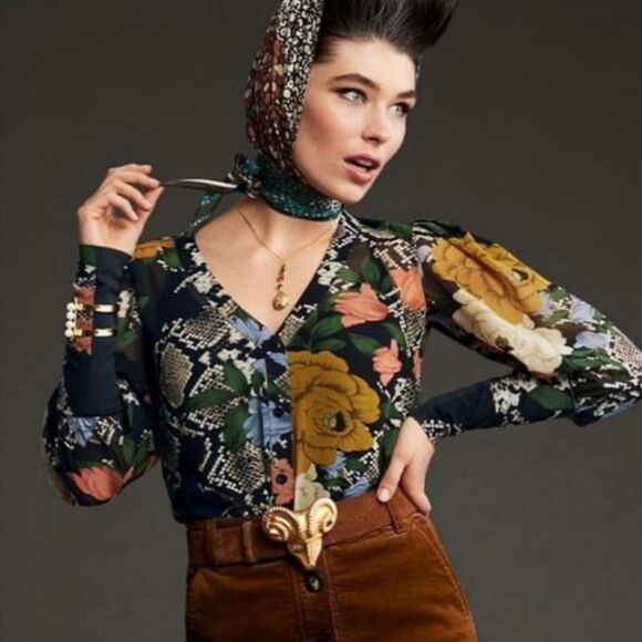 Cabi Snake Charmer Floral Sheer Blouse Long Puff Sleeves Navy Women Small 3762 - Picture 8 of 10